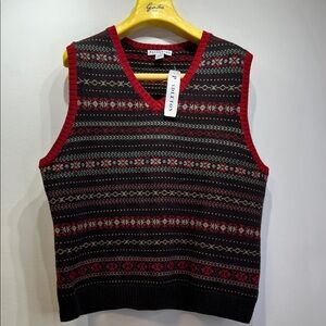 Pendleton Men's Red, Black & Green Fair Isle V-Neck Sweater Vest wool hand wash